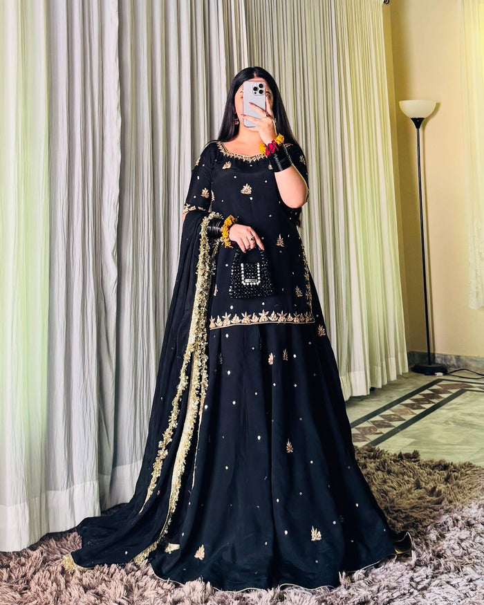 Midnight Black Embroidered Sharara Set