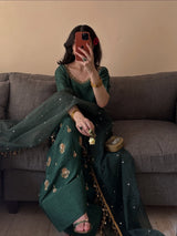 Emerald Green Embroidered Kurta & Farshi Shalwar Set