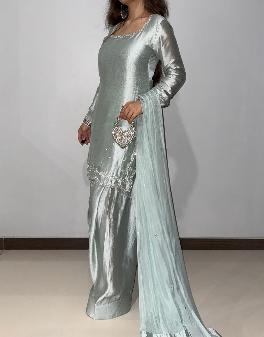 Luxurious Hand-Embroidered Sheesha Silk Fabric 3-Piece Suit